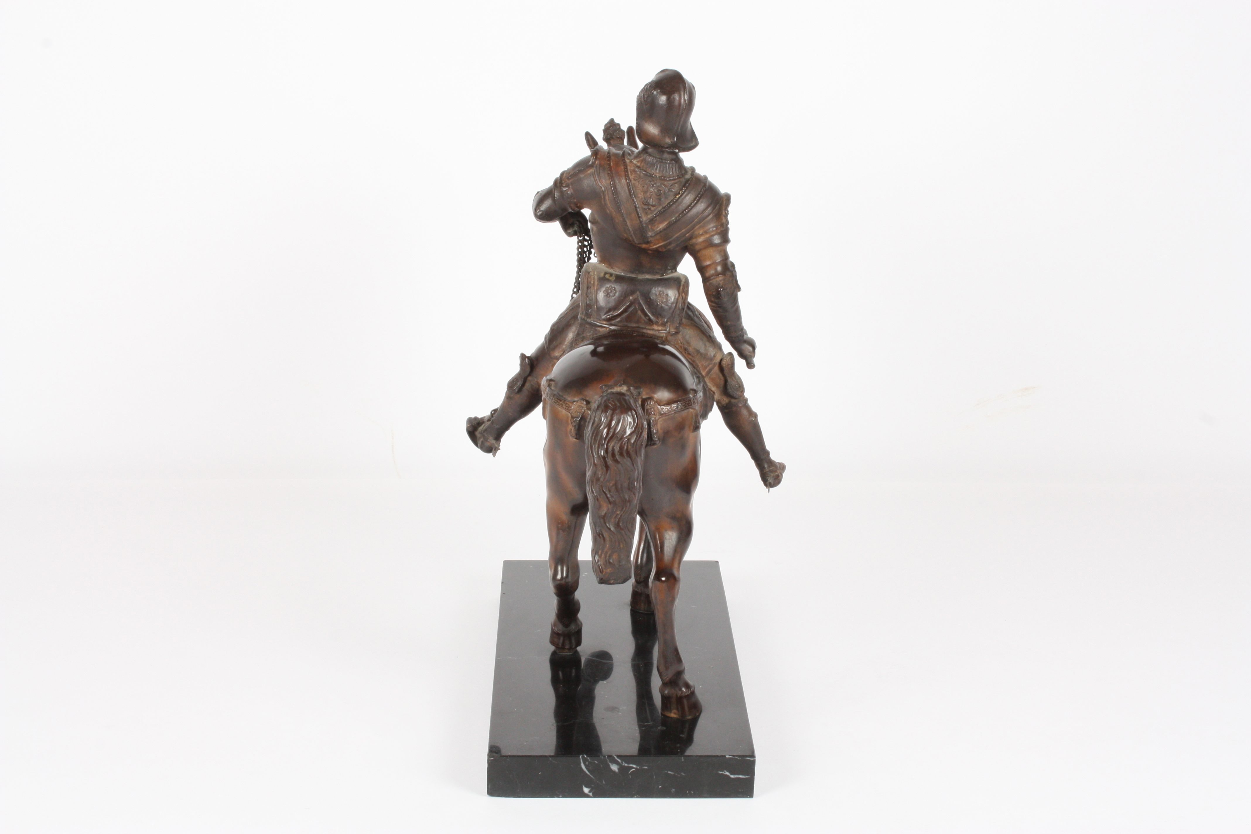 A 20th century bronze horse
the heavily cast sculpture depicting a warrior on a horse wearing - Image 2 of 5
