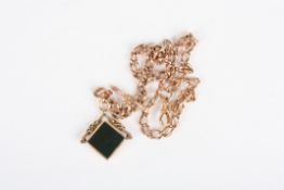 A 9ct gold Albert chain and fobwith cross bar and square hardstone swivel fob, Total weight 37.9