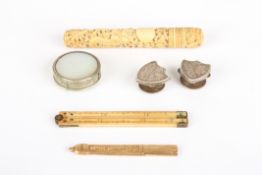 A small collection of objet's d'artcomprising: an antique Chinese Canton carved ivory needle