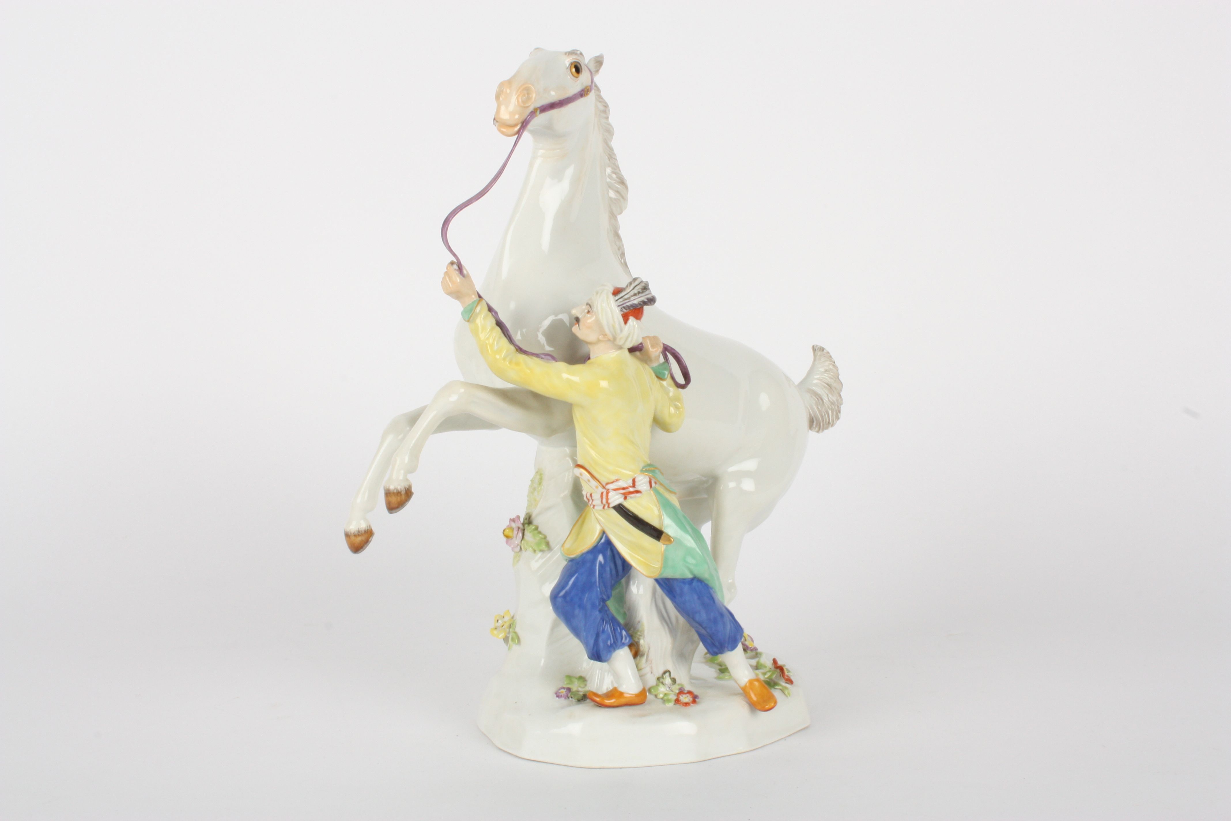 Late 20th century Meissen figure group Turk with Horse, after Kaendler, modelled standing holding