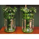 PAIR OF GREEN GLASS LUSTRES WITH DROPLET