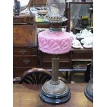 VINTAGE BRASS OIL LAMP AND PINK COLOURED