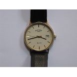 GENTS ROTARY ELITE 9ct GOLD WRISTWATCH ON BLACK ROTARY STRAP