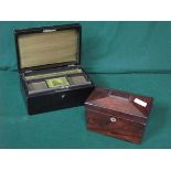 SMALL ROSEWOOD SARCOPHAGUS FORM TWO SECTION TEA CADDY AND LEATHER FITTED JEWELLERY CASKET