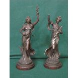 PAIR OF SPELTER FIGURES DEPICTING CLASSICAL LADIES (ONE AT FAULT), SIGNATURE INDISTINCT,