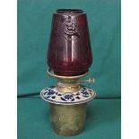 HINKS & SONS FLORAL DECORATED BRASS OIL LAMP WITH RUBY COLOURED GLASS SHADE,