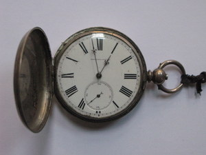 SILVER COLOURED POCKET WATCH WITH ENAMELLED DIAL,