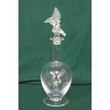 LALIQUE STYLE DECORATIVE GLASS DECANTER WITH SMOKED GLASS BIRD FORM STOPPER,