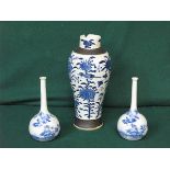 PAIR OF SMALL ORIENTAL STYLE BLUE AND WHITE GLAZED CERAMIC BUD VASES AND LARGER VASE (AT FAULT)