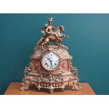 GILT METAL VICTORIAN STYLE MANTEL CLOCK WITH PIERCEWORK DECORATION APPROXIMATELY 42cm HIGH