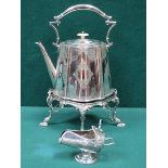 SILVER PLATED SPIRIT KETTLE ON STAND ( AT FAULT) AND SILVER PLATED SUGAR SCUTTLE WITH SCOOP