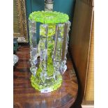 19th CENTURY DECORATIVE URANIUM GLASS LUSTRE CANDLESTICK WITH DROPLETS,