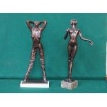 TWO ART DECO STYLE COMPOSITION FIGURINES ON MARBLE EFFECT STAND,