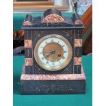 DECORATIVE BLACK SLATE AND MARBLE EFFECT MANTEL CLOCK WITH ENAMELLED DIAL