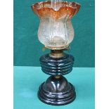 DUPLEX VICTORIAN OIL LAMP WITH CRANBERRY COLOURED ACID ETCHED TULIP GLASS SHADE AND DEEP BLUE GLASS