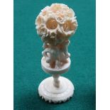 HEAVILY CARVED IVORY PUZZLE BALL ON STAND,