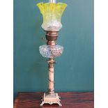 STELLAFORM CARBON OIL LAMP WITH CLEAR GLASS RESERVOIR AND YELLOW ACID ETCHED TULIP GLASS SHADE,