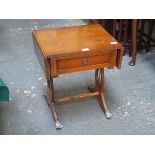 SMALL REPRODUCTION YEW COLOURED DROP LEAF SIDE TABLE WITH SINGLE DRAWER