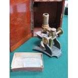 MAHOGANY CASED BRASS MICROSCOPE BY R.