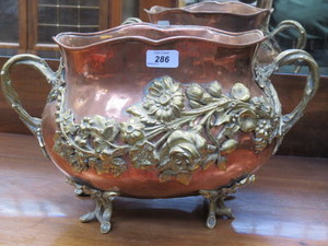 VINTAGE BRASS MOUNTED TWO HANDLED COPPER PLANTER