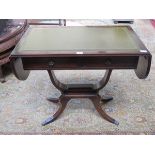 REPRODUCTION LEATHER TOPPED DROP LEAF SOFA TABLE FITTED WITH TWO DRAWERS