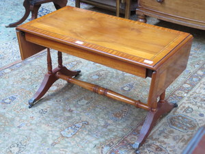 REPRODUCTION INLAID YEW COLOURED DROP LEAF SOFA TABLE