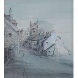 FRAMED WATERCOLOUR DEPICTING A VILLAGE SCENE WITH CHURCH, UNSIGNED, POSSIBLY BY GILBERT DUNLOP,