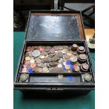 VICTORIAN STRONG BOX CONTAINING VARIOUS FREEMANS STAFF TOKENS, AND OTHER COINAGE, ENAMELLED BADGES,