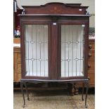 ANTIQUE MAHOGANY INLAID BOW FRONTED DISPLAY CABINET WITH TWO LEAD GLAZED DOORS