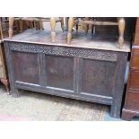 ANTIQUE OAK PANELLED AND CARVED COFFER