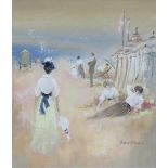 GILBERT DUNLOP, ILLUSTRATOR FOR ENID BLYTON, FRAMED WATERCOLOUR AND PASTEL  DEPICTING SEASIDE SCENE,