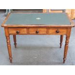 ANTIQUE MAHOGANY THREE DRAWER WRITING DESK WITH GREEN LEATHER INSERT