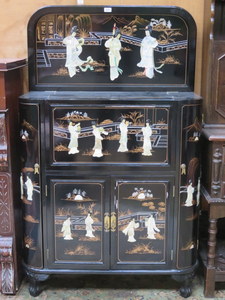 REPRODUCTION BLACK LACQUERED JAPANESE DRINKS CABINET WITH MOTHER OF PEARL DECORATION