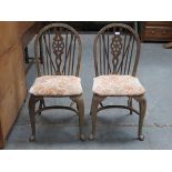 PAIR OF STRIPPED COUNTRY STYLE WHEEL BACK CHAIRS ON CABRIOLE SUPPORTS