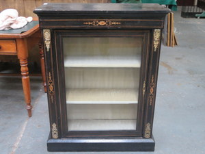 EBONISED SINGLED DOOR VICTORIAN SIDE CABINET WITH INLAID AND ORMOLU MOUNTED DECORATION