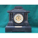 LARGE BLACK SLATE MANTLE CLOCK WITH ENAMELLED AND CIRCULAR DIAL,