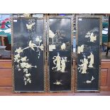 SET OF THREE ORIENTAL STYLE MOTHER OF PEARL AND GILDED BLACK LACQUERED PANEL