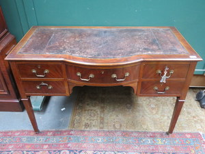 ANTIQUE MAHOGANY FIVE DRAWER LEATHER TOPPED WRITING DESK
