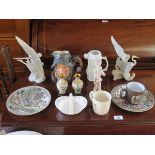 TWO UNGLAZED NAO FIGURES, ROYAL DOULTON CHARACTER JUG AND OTHER SUNDRIES INCLUDING CLOISONNE VASES,