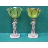 PAIR OF ART NOUVEAU STYLE CAST METAL FIGURES WITH GREEN GLASS SHADES ON MARBLE SUPPORTS,