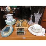 SUNDRY LOT OF GLASS AND CERAMIC INCLUDING CROWN DERBY, ETC.  ALSO MONEY BOX, FLATWARE, ETC.