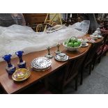 SUNDRY LOT INCLUDING PART TEA SET, PAIR OF CANDLE STANDS AND BLUE GLASS VASES, ETC.