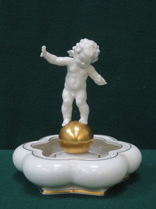 LORENZ HUTSCHEN REUTHER GILDED CERAMIC POSY BOWL WITH CHERUB CENTRE PIECE, STAMPED K TUTTER,