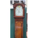 OAK AND MAHOGANY LONGCASE CLOCK WITH HANDPAINTED DIAL,