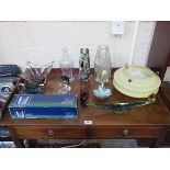 PARCEL OF COLOURED AND OTHER GLASSWARE, LIGHT FITTING, ETC.