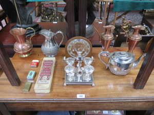 SUNDRY LOT INCLUDING PARCEL OF SILVER PLATEDWARE, COPPERWARE, MANTEL CLOCK, ETC.