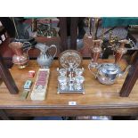 SUNDRY LOT INCLUDING PARCEL OF SILVER PLATEDWARE, COPPERWARE, MANTEL CLOCK, ETC.