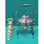 COPPER SPIRIT KETTLE ON CAST METAL STAND AND SET OF FIVE GRADUATED BRASS BELL WEIGHTS