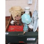 SUNDRY CERAMIC INCLUDING RESIN VASE, BOXED CHINESE TEA SET, WORCESTER SECTIONAL PLATE, ETC.