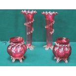 PAIR OF VICTORIAN STYLE DECORATIVE CRANBERRY GLASS FLOWER VASES WITH MATCHING BOWLS